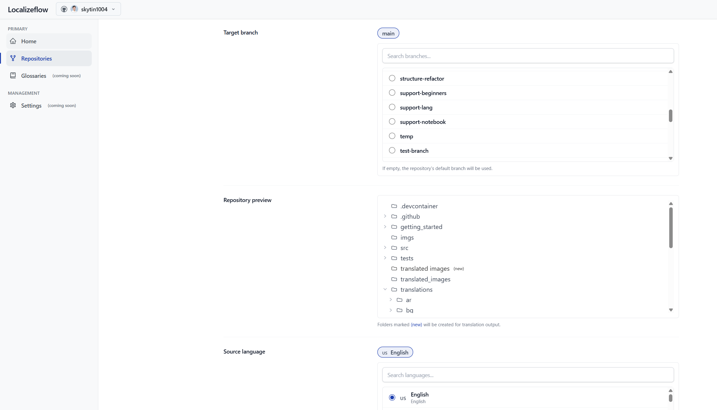 Configure translation settings