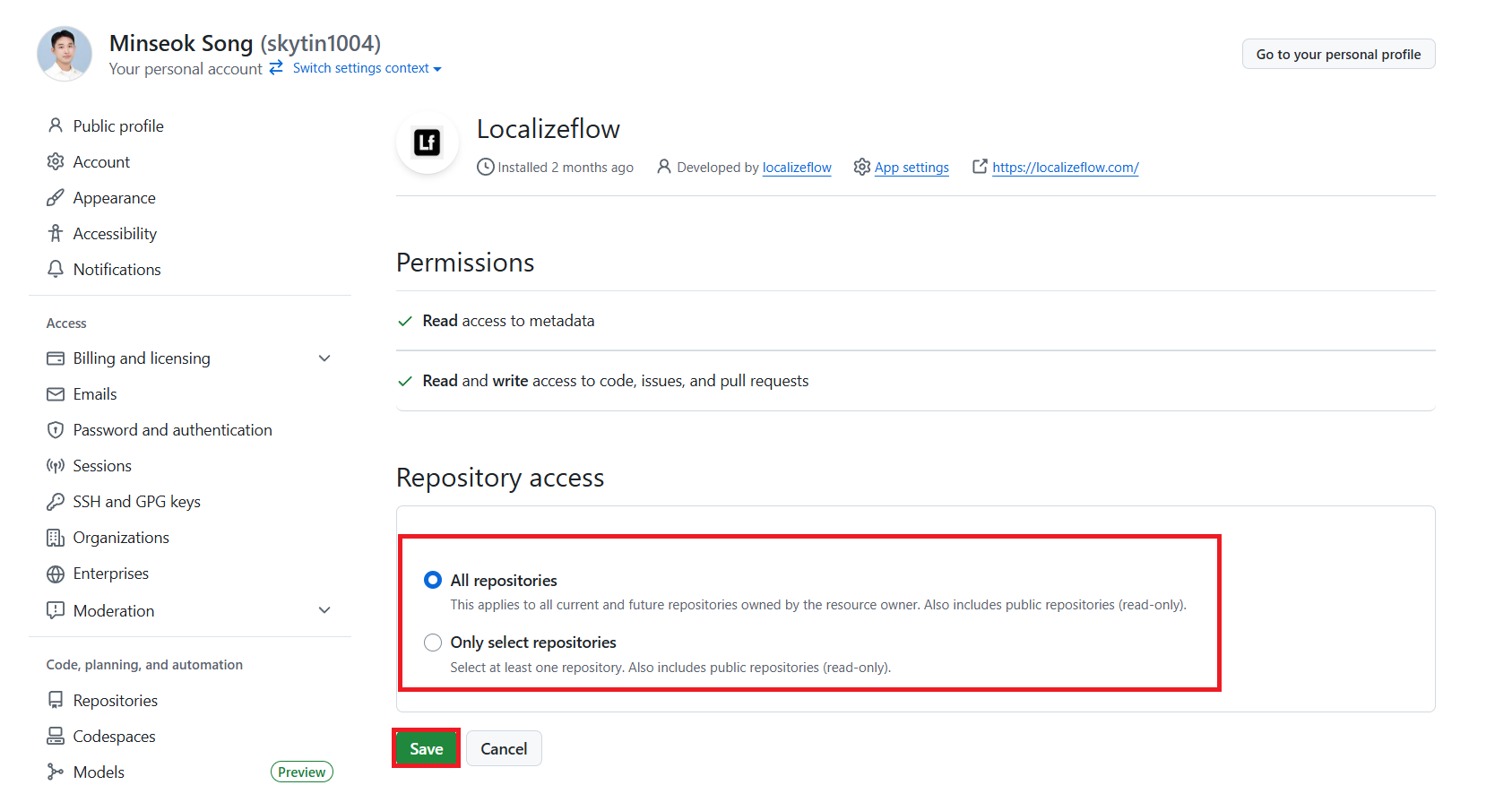 Select repo and save